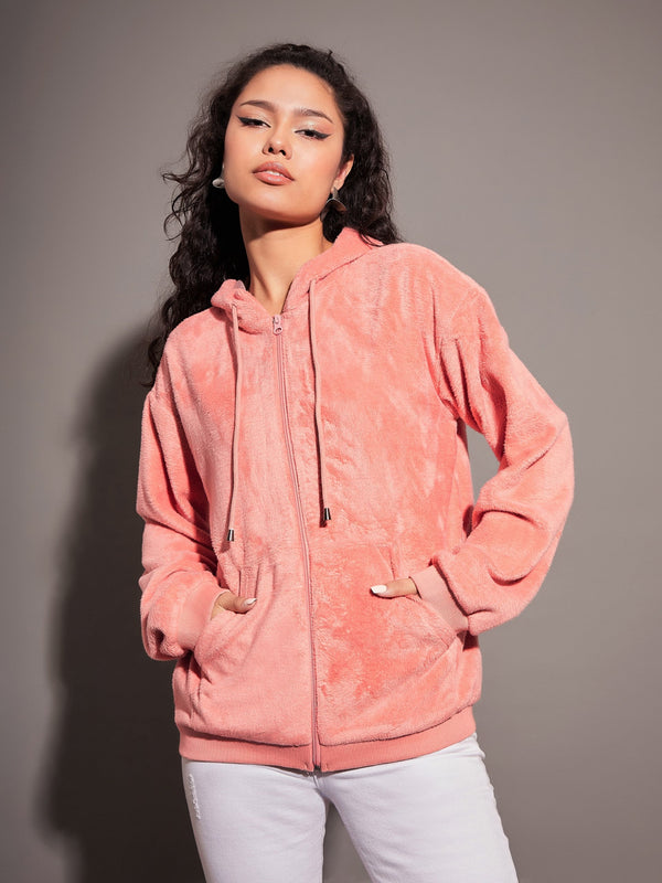 Women Peach Fur Hooded Jacket | WomensfashionFun.com