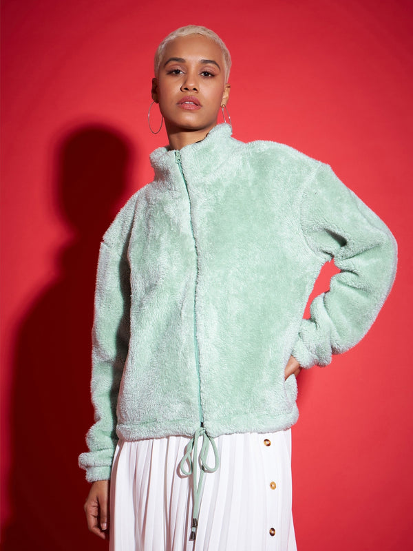 Women Green Fur Drawstring Jacket | WomensfashionFun.com