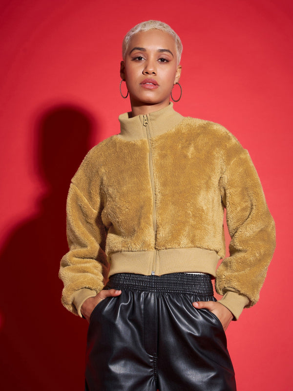 Women Brown Fur High Neck Crop Bomber Jacket | WomensfashionFun.com