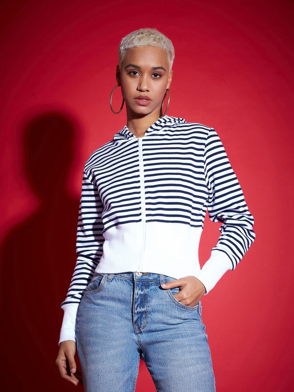 Women Navy & White Striped Fleece Hooded Jacket | WomensfashionFun.com