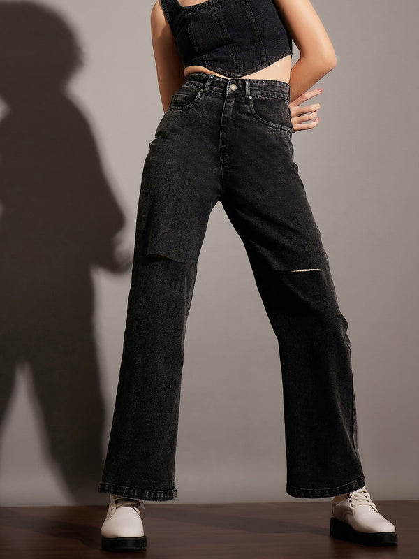 Women Black Washed Knee Slit Straight Jeans | WomensfashionFun.com