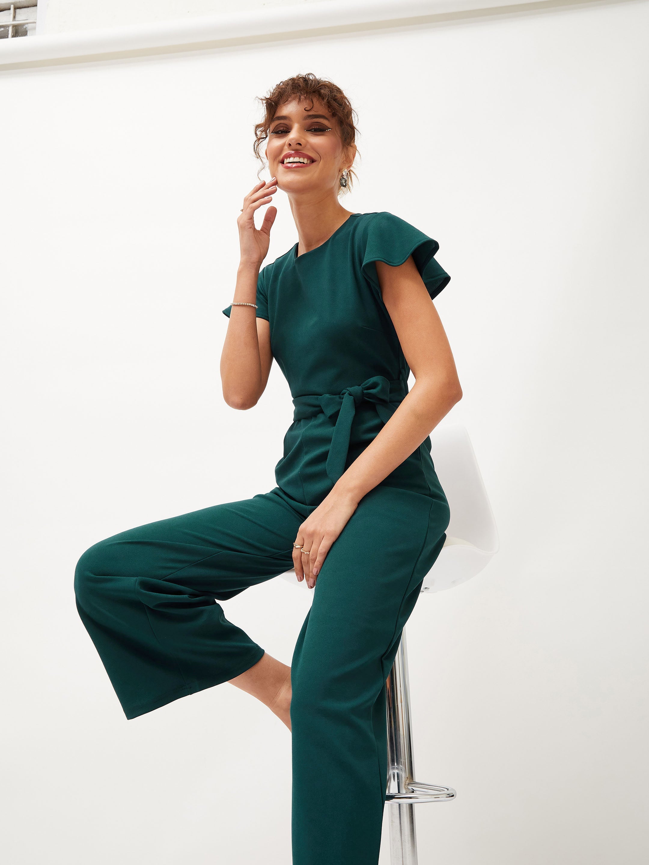 Buy Women Emerald Cap Sleeves Belted Jumpsuit Online