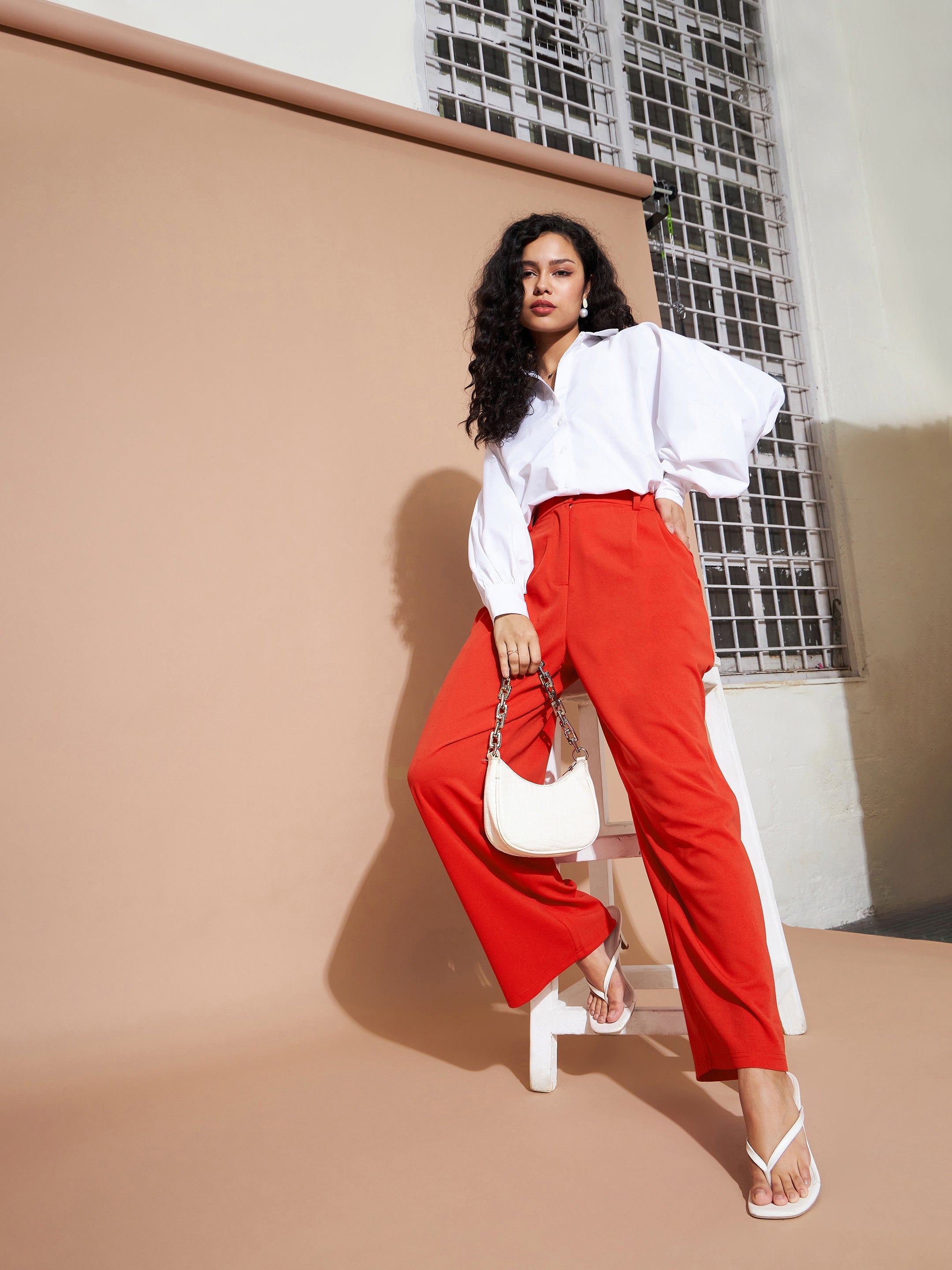 Women Red Korean Pleated Loose Fit Pants