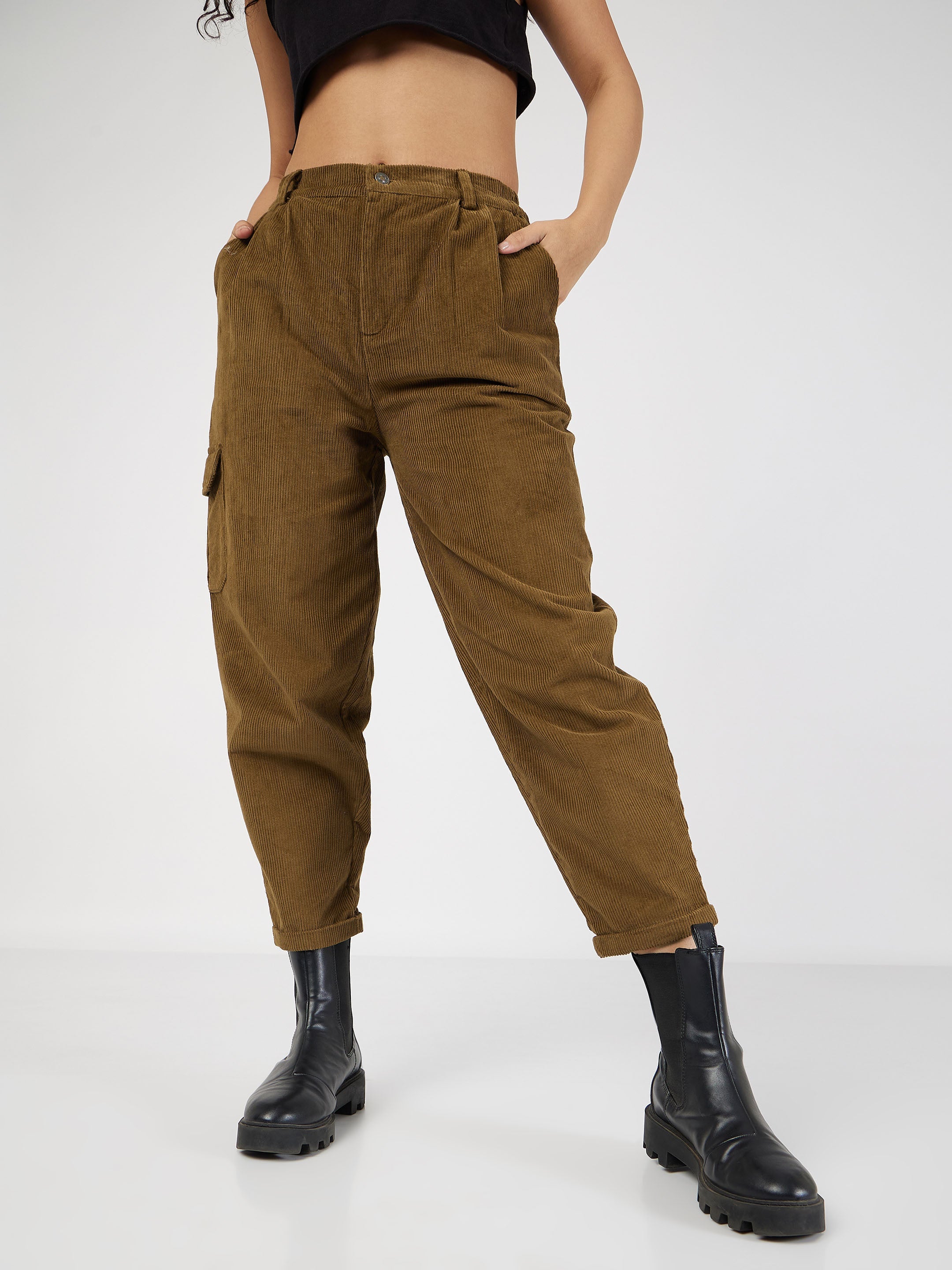 Women Black Corduroy Pouch Pocket Drawstring Pants