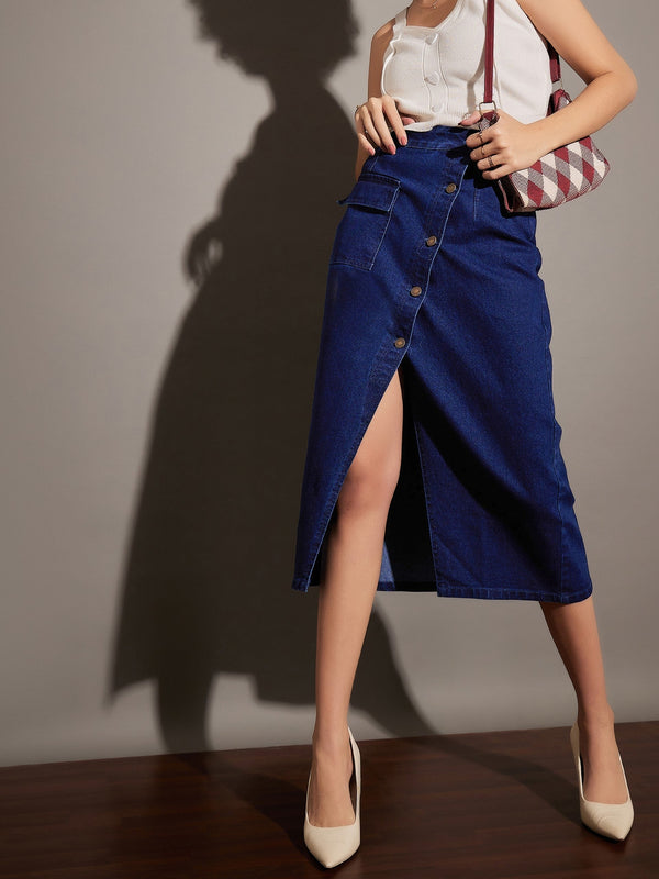 Women Classic Blue Front Button Wrap Skirt | WomensfashionFun.com