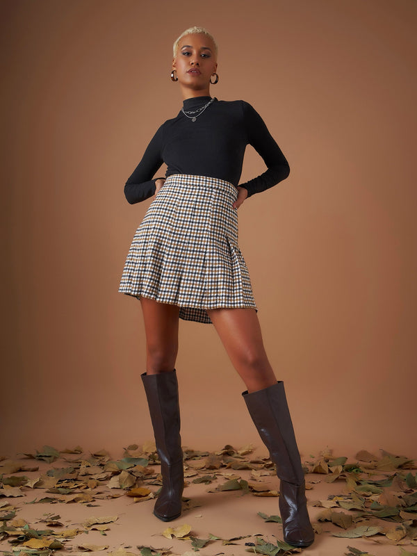 Women Brown Flannel Check Pleated Mini Skirt | WomensfashionFun.com