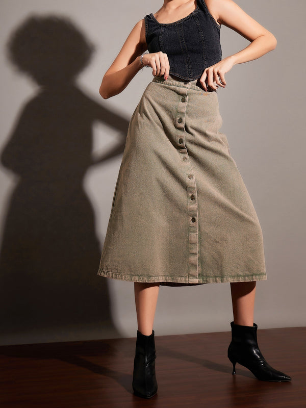 Women Beige Washed Denim A-Line Skirt | WomensfashionFun.com