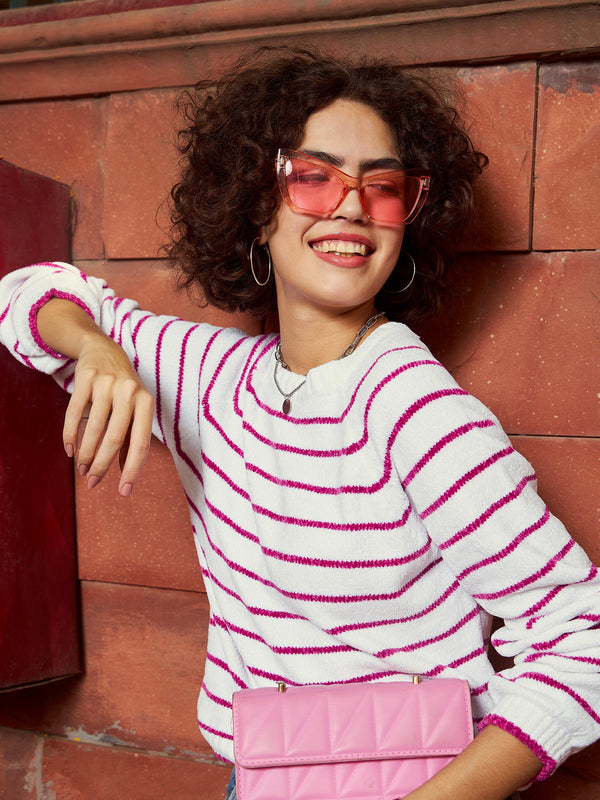Women Pink & White Striped Full Sleeves Sweater | WomensfashionFun.com