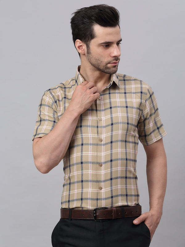 Men's Beige Half Sleeve Checked Formal Shirt | WomensfashionFun.com