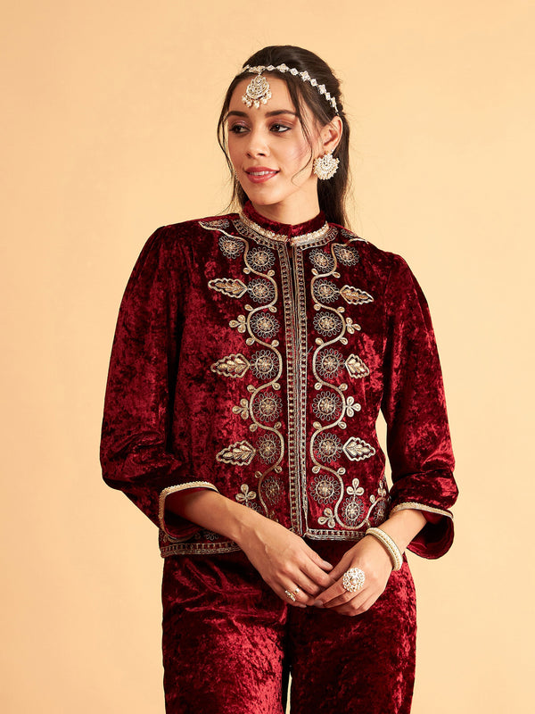 Women Maroon Velvet Front Embroidered Jacket | WomenFashionFun