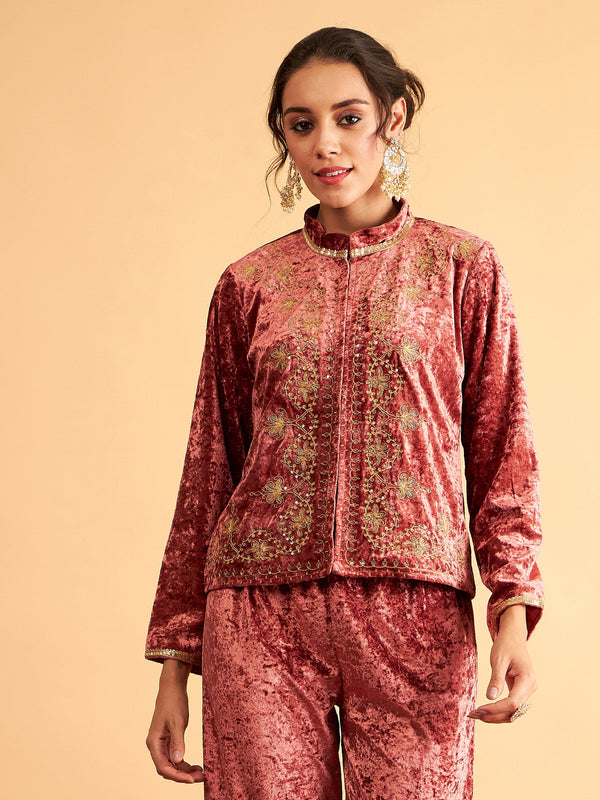 Women Pink Velvet Front Embroidered Jacket | WomenFashionFun