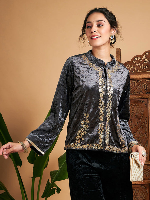 Women Grey Velvet Embroidered Jacket | WomensfashionFun.com