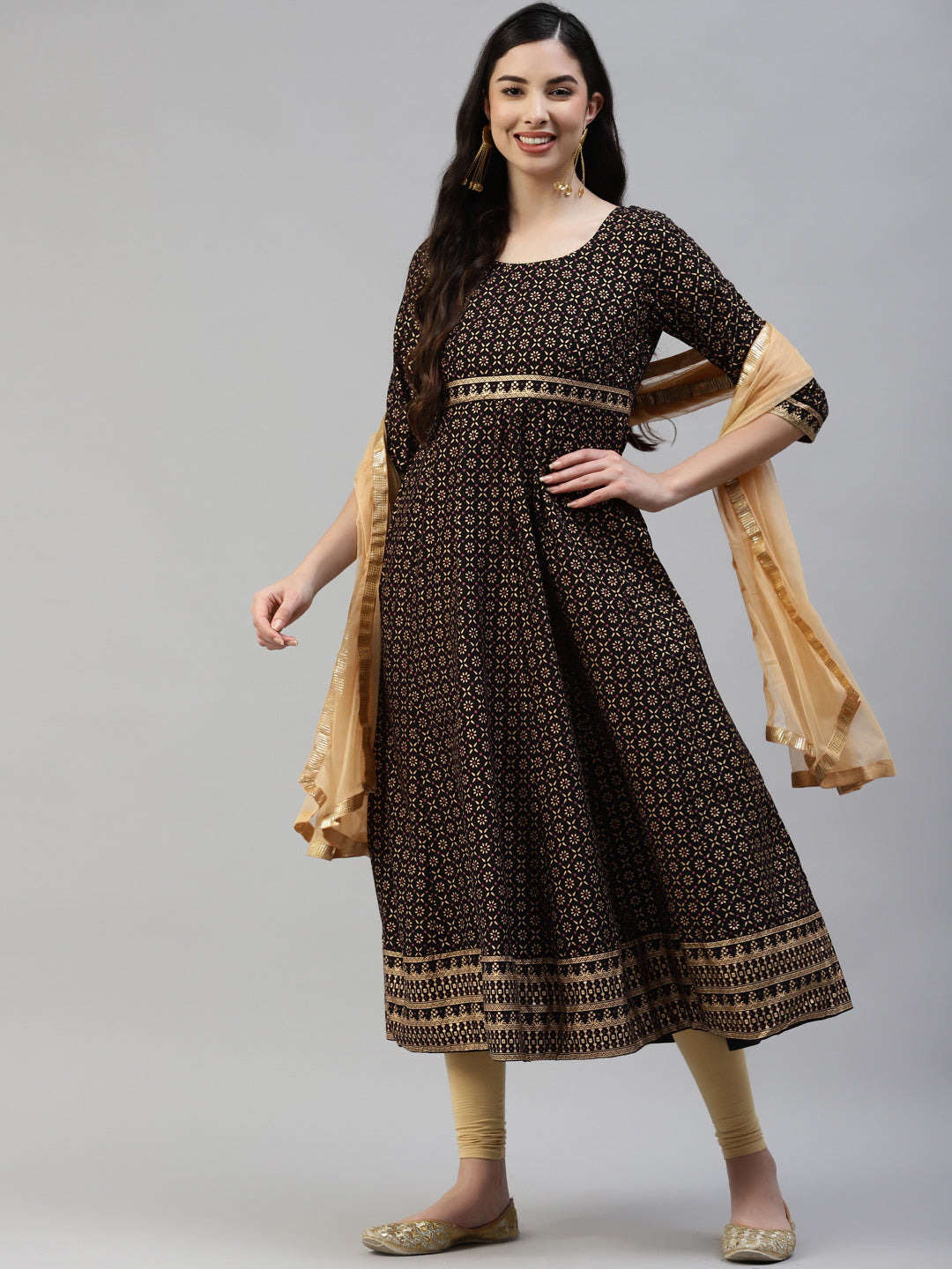 Women Black Gold Print  Anarkali Kurta with Viscose Leggings & Net Dupatta WomensFashionFun.com