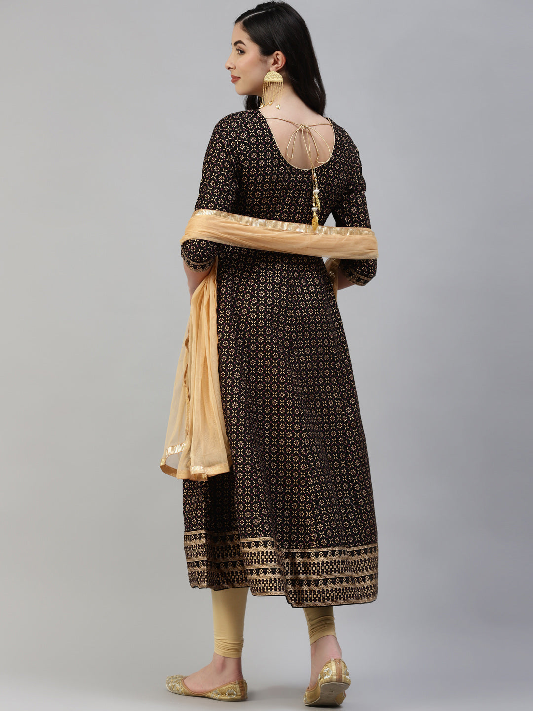 Women Black Gold Print  Anarkali Kurta with Viscose Leggings & Net Dupatta WomensFashionFun.com