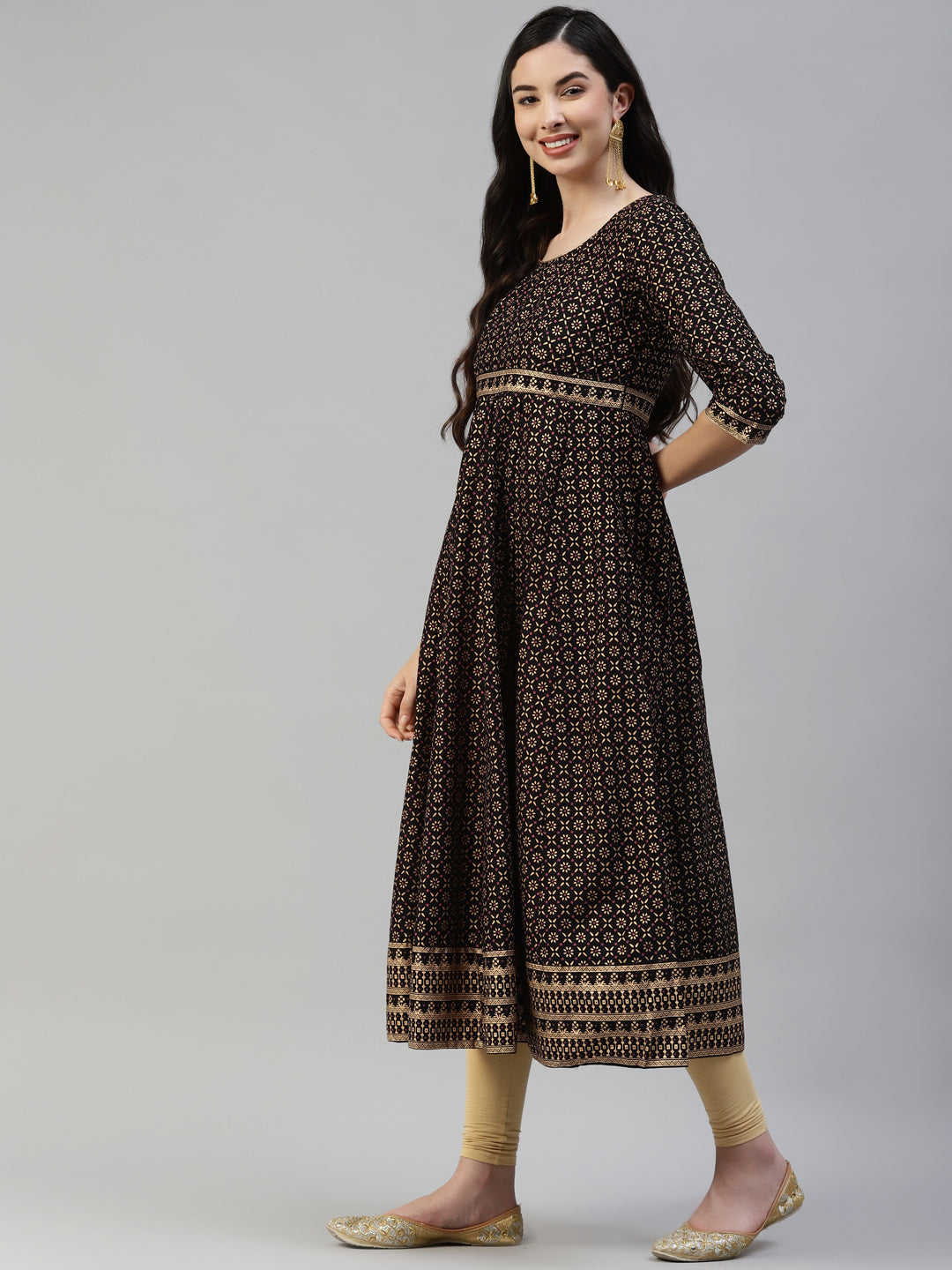 Women Black Gold Print  Anarkali Kurta with Viscose Leggings & Net Dupatta WomensFashionFun.com