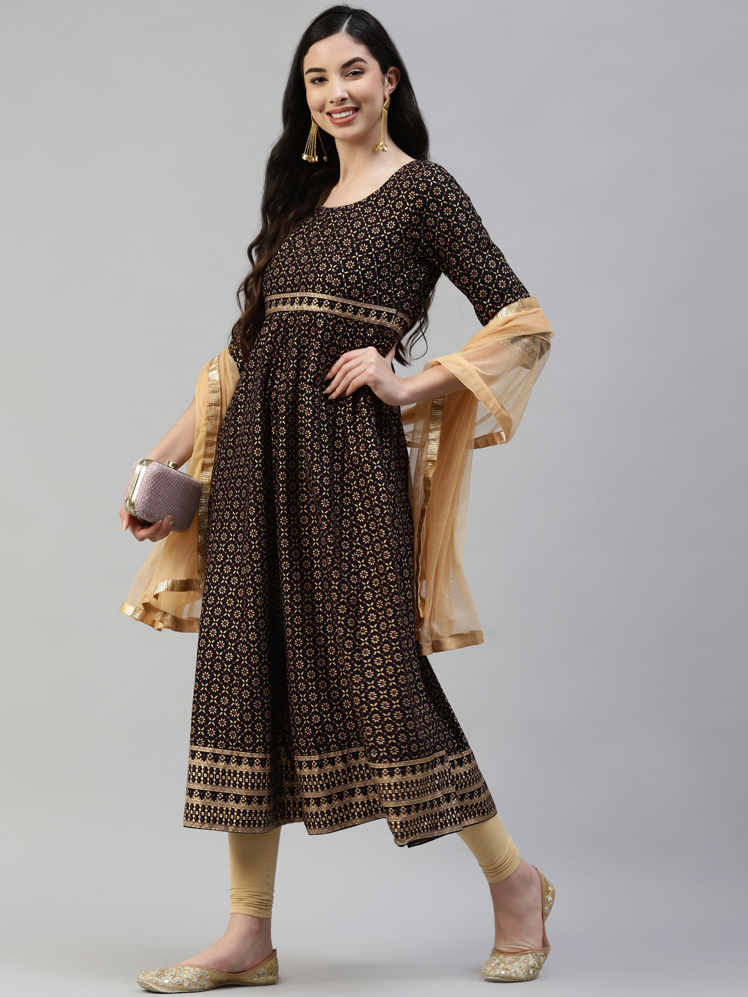 Women Black Gold Print  Anarkali Kurta with Viscose Leggings & Net Dupatta WomensFashionFun.com