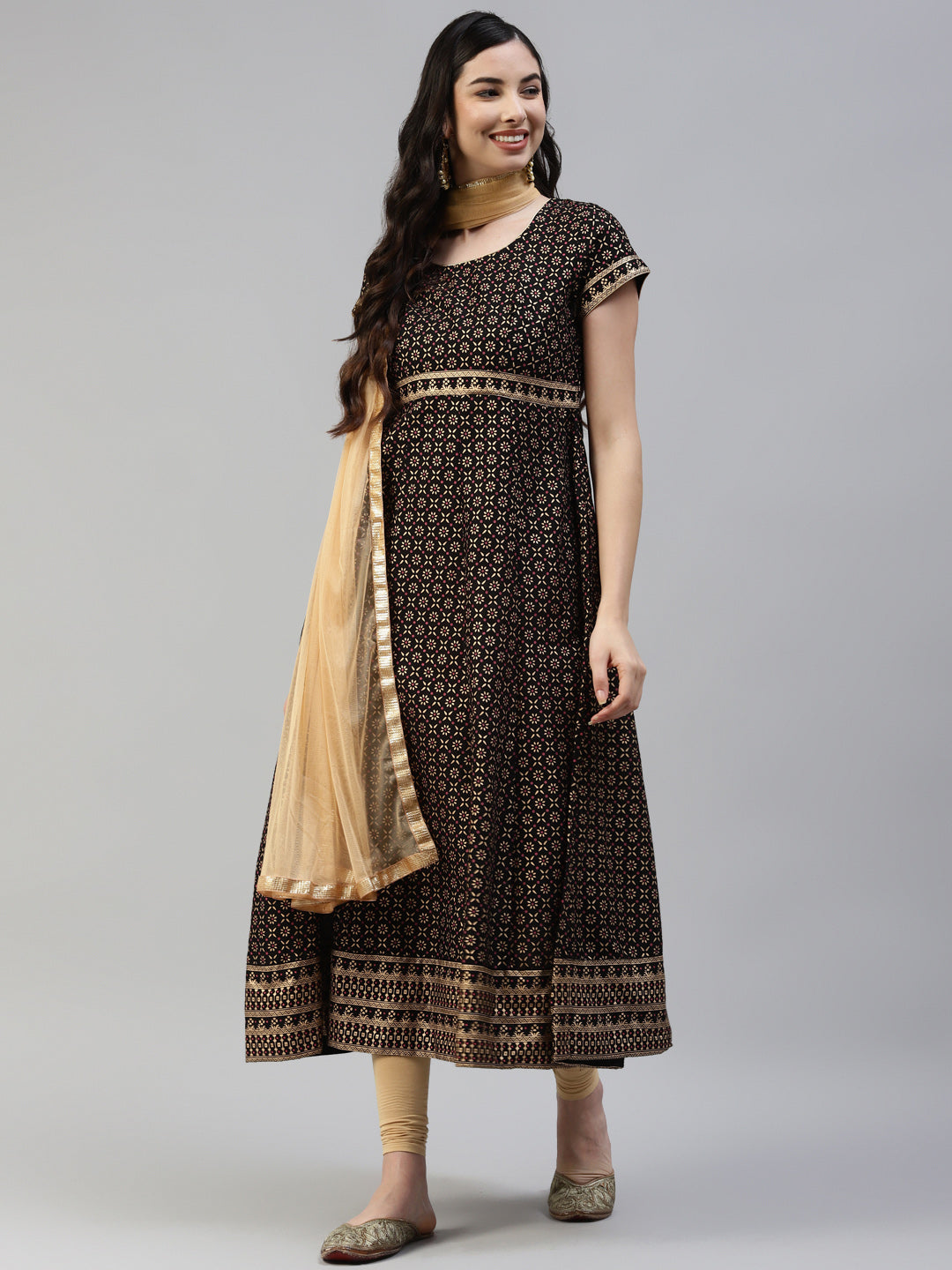 Women Black Gold Print  Anarkali Kurta with Viscose Leggings & Net Dupatta WomensFashionFun.com