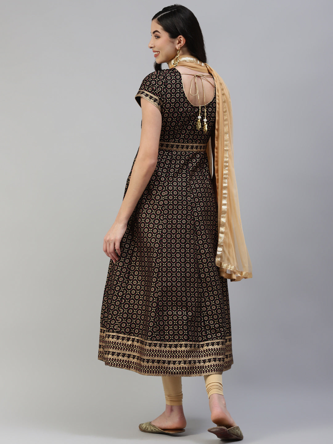 Women Black Gold Print  Anarkali Kurta with Viscose Leggings & Net Dupatta WomensFashionFun.com