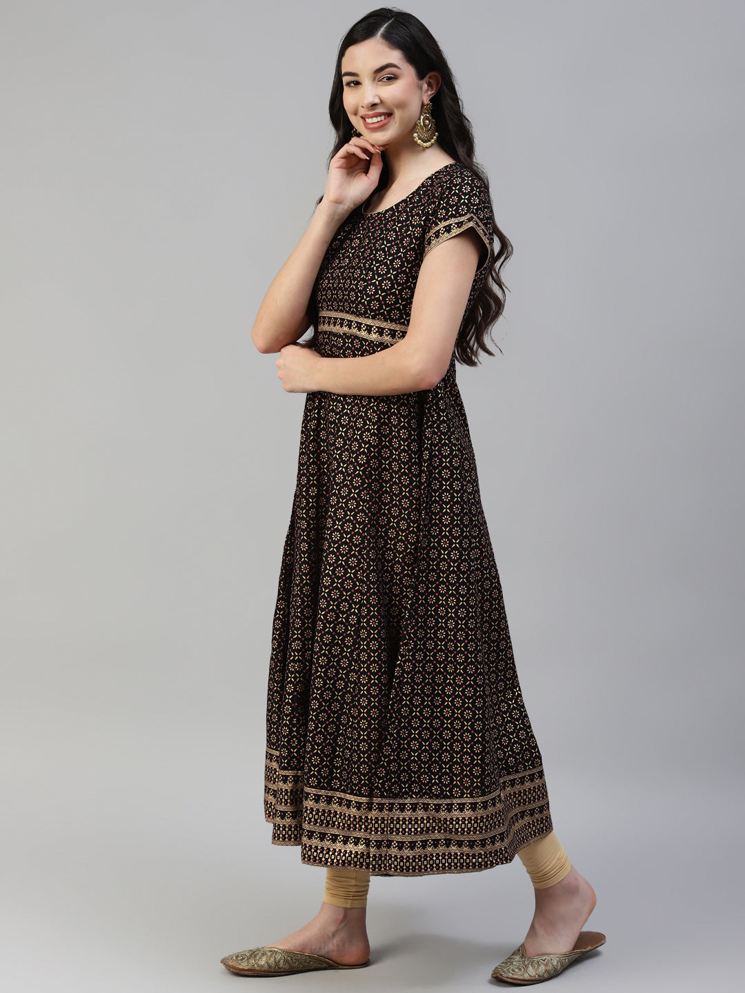 Women Black Gold Print  Anarkali Kurta with Viscose Leggings & Net Dupatta WomensFashionFun.com