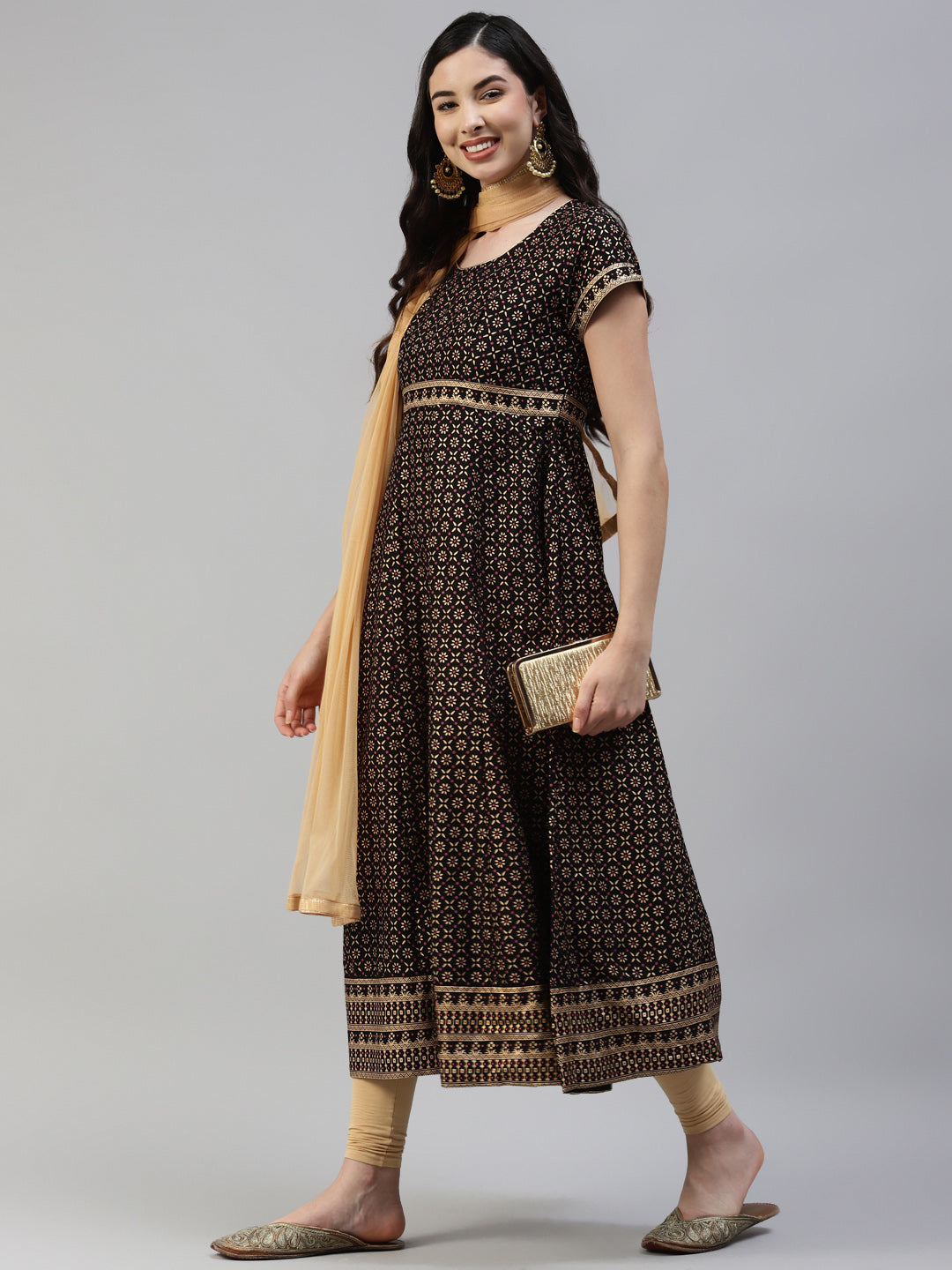 Women Black Gold Print  Anarkali Kurta with Viscose Leggings & Net Dupatta WomensFashionFun.com