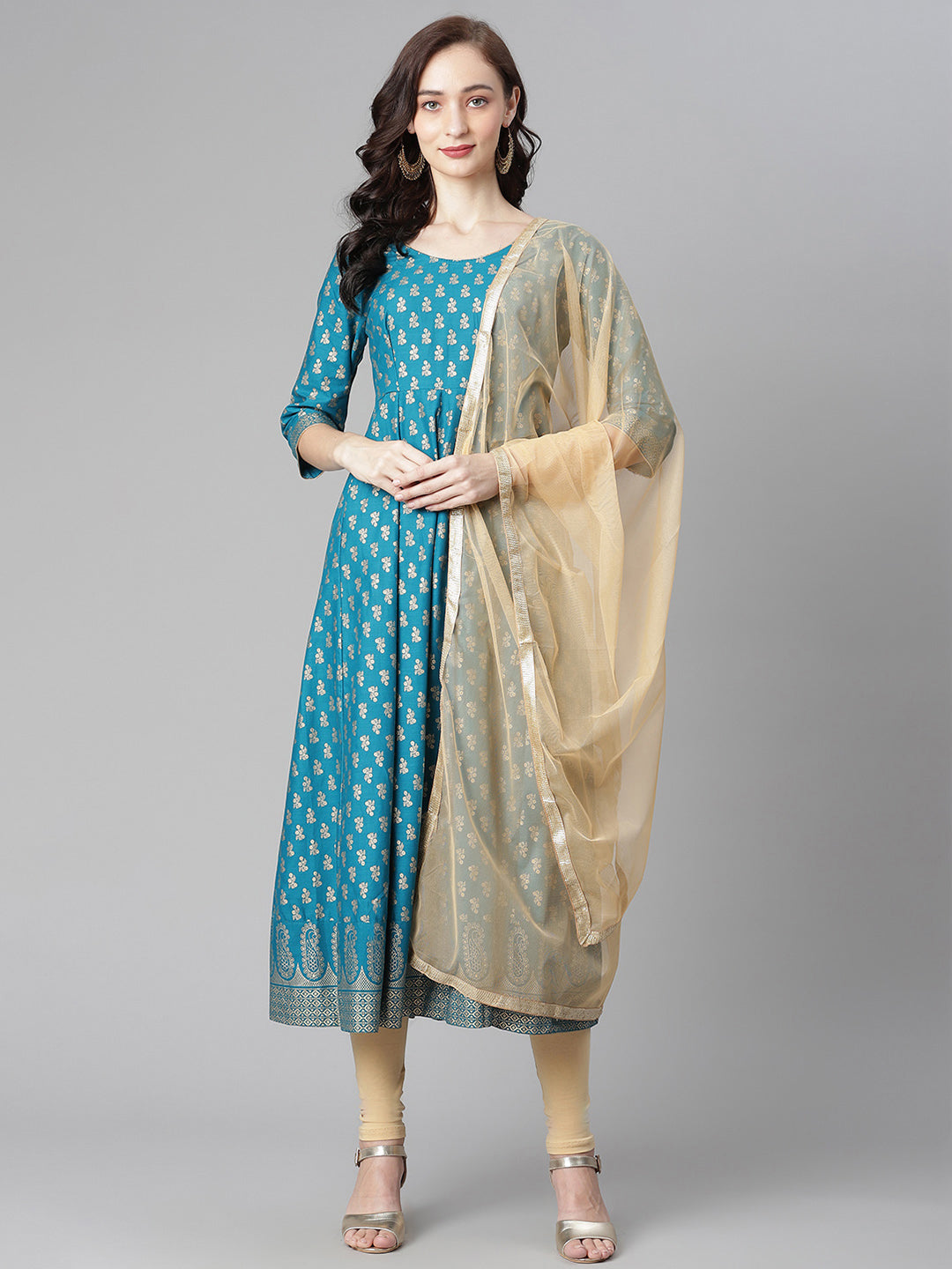 Women White Gold Print  Anarkali Kurta with Viscose Leggings & Net Dupatta WomensFashionFun.com