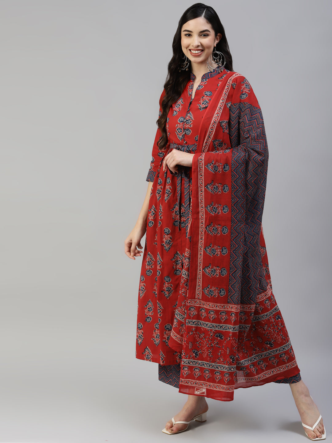 Women Red Cotton Printed Front Slit Kurta with Palazzo and  Cotton Dupatta WomensFashionFun.com