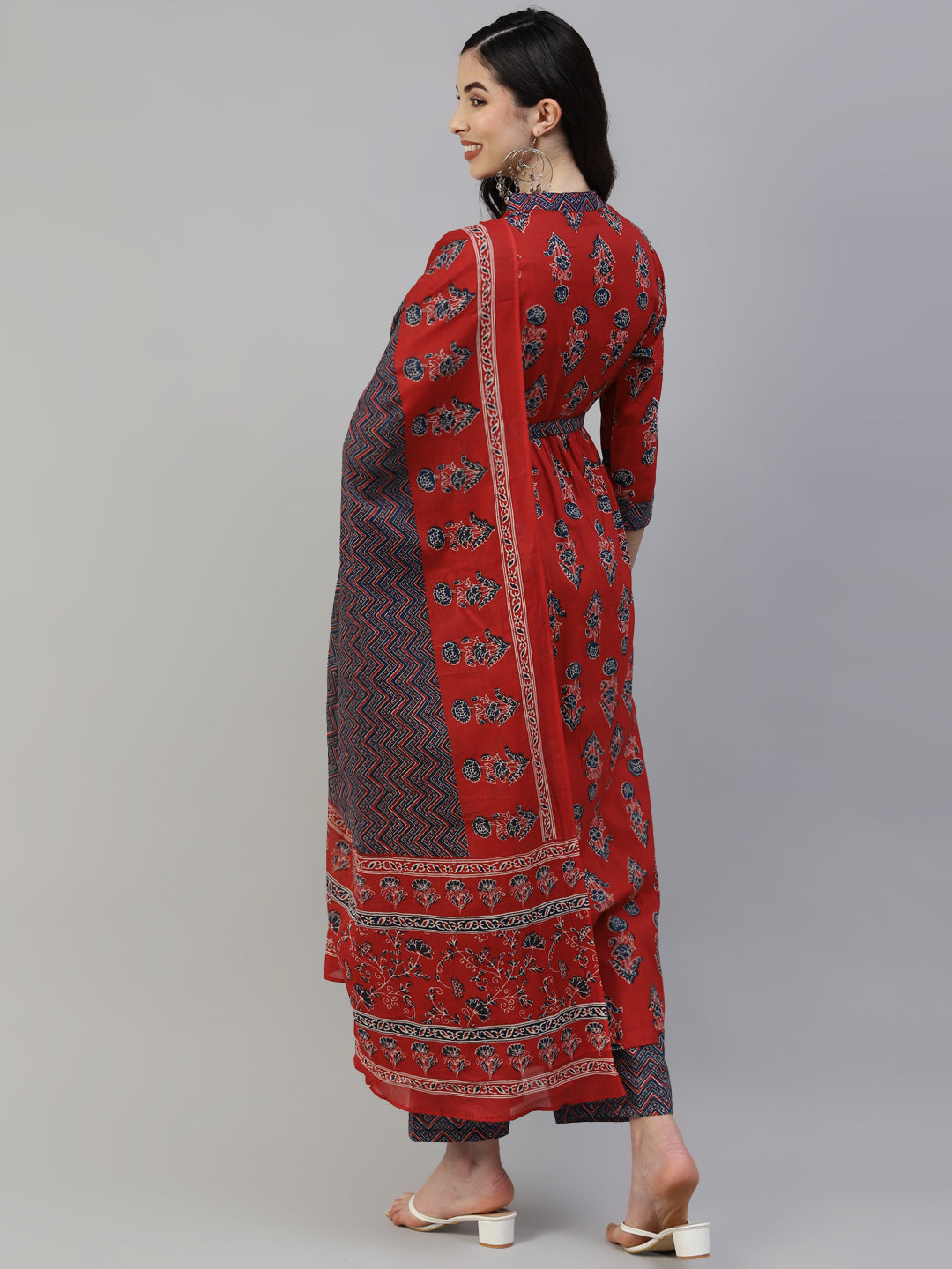 Women Red Cotton Printed Front Slit Kurta with Palazzo and  Cotton Dupatta WomensFashionFun.com