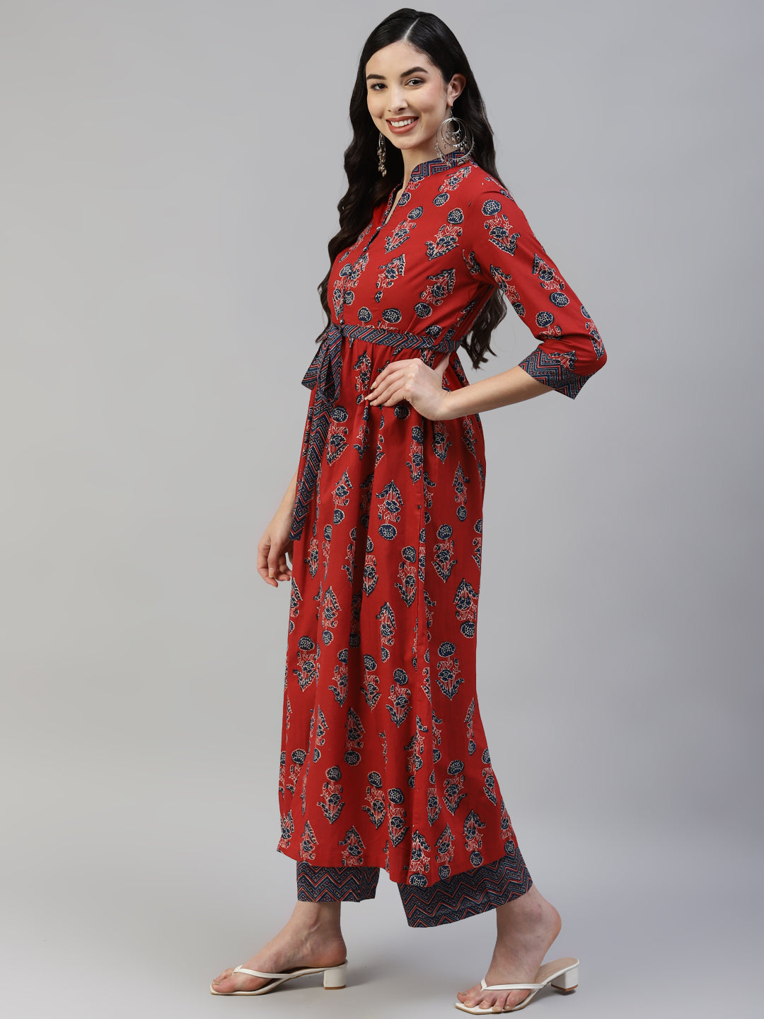 Women Red Cotton Printed Front Slit Kurta with Palazzo and  Cotton Dupatta WomensFashionFun.com