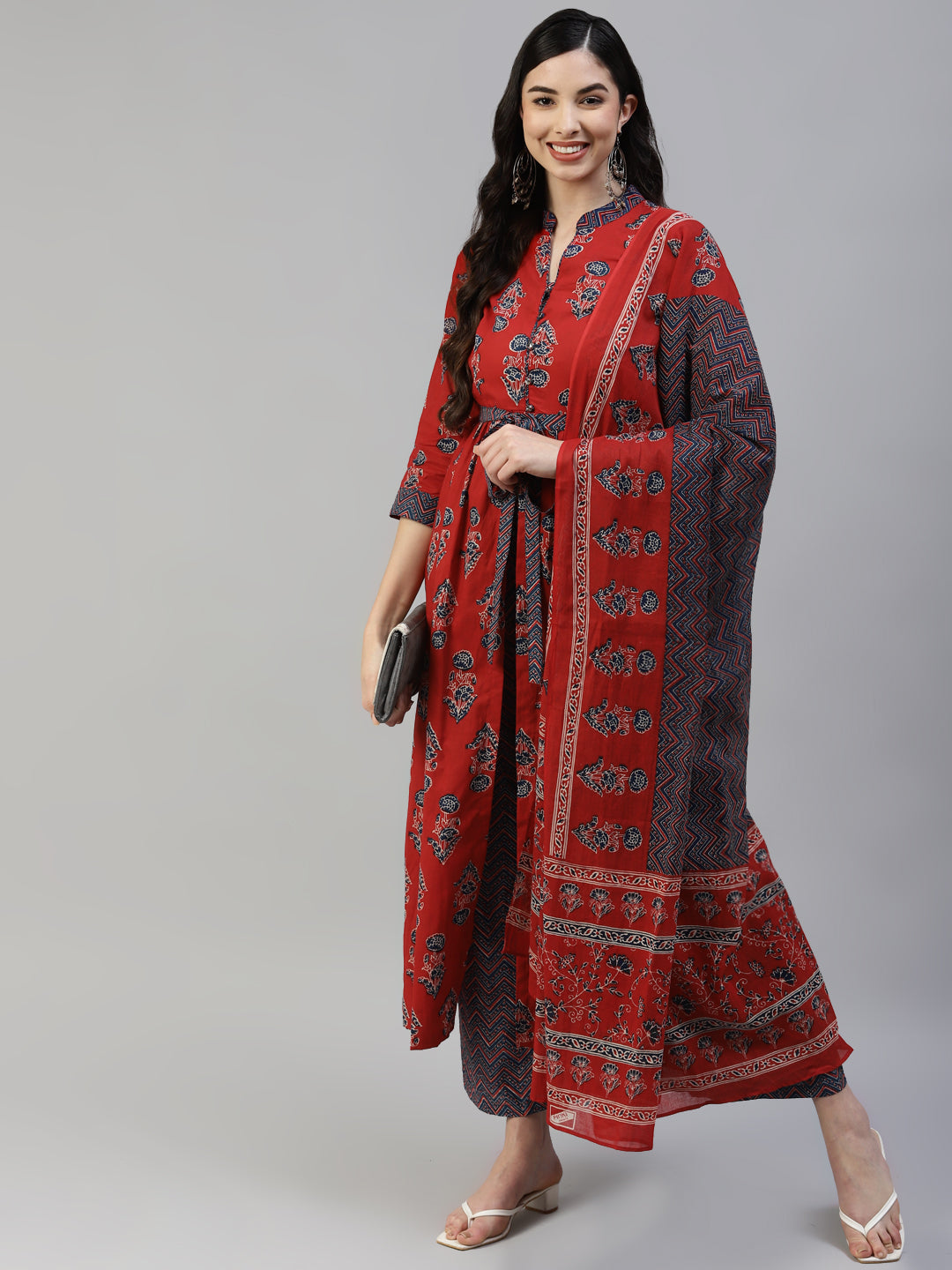 Women Red Cotton Printed Front Slit Kurta with Palazzo and  Cotton Dupatta WomensFashionFun.com