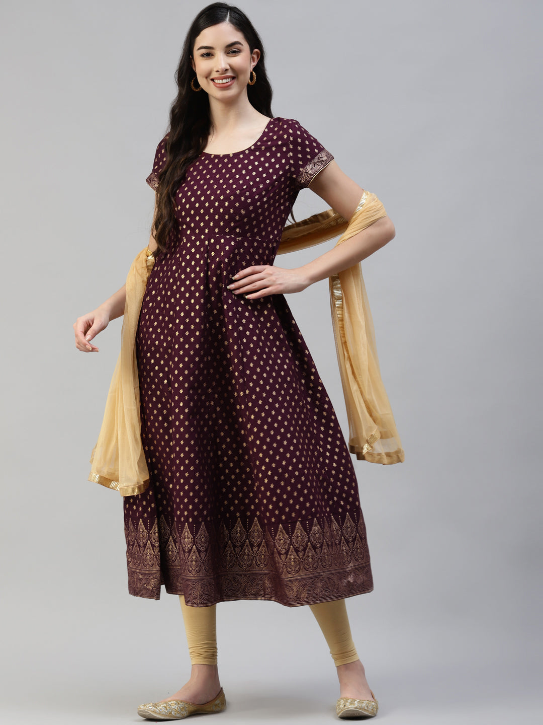 Women Purple Gold Print  Anarkali Kurta with Viscose Leggings & Net Dupatta WomensFashionFun.com