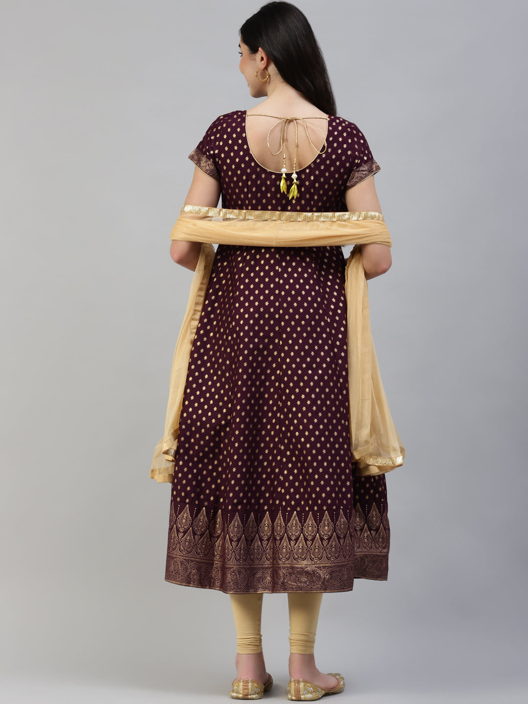 Women Purple Gold Print  Anarkali Kurta with Viscose Leggings & Net Dupatta WomensFashionFun.com