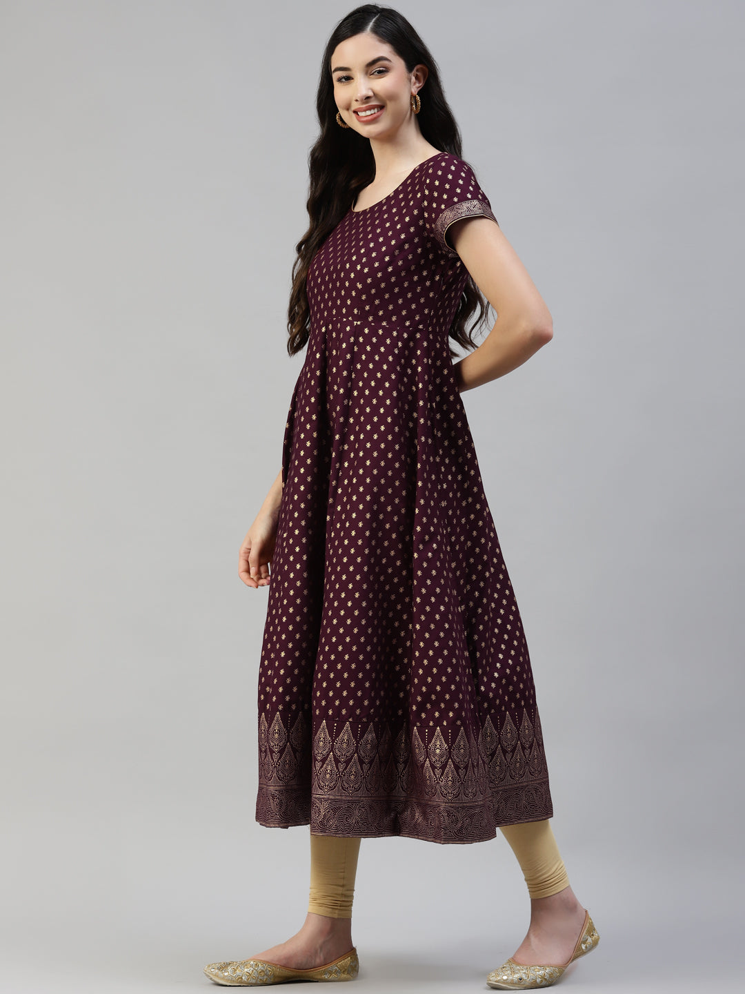 Women Purple Gold Print  Anarkali Kurta with Viscose Leggings & Net Dupatta WomensFashionFun.com