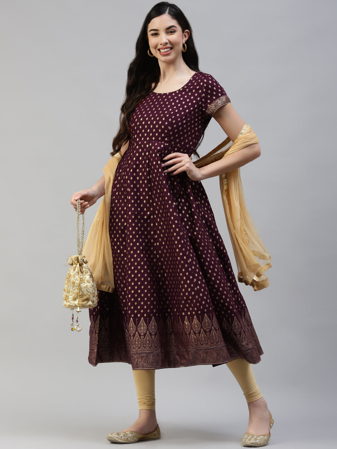 Women Purple Gold Print  Anarkali Kurta with Viscose Leggings & Net Dupatta WomensFashionFun.com