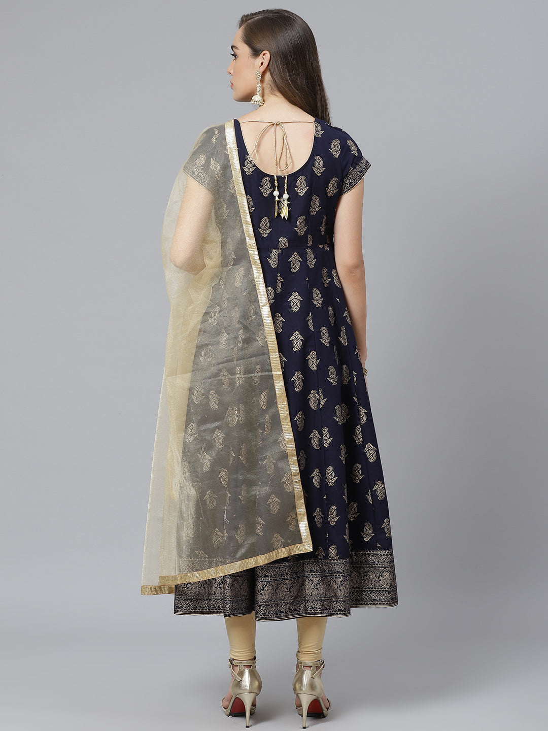 Women White Gold Print  Anarkali Kurta with Viscose Leggings & Net Dupatta WomensFashionFun.com