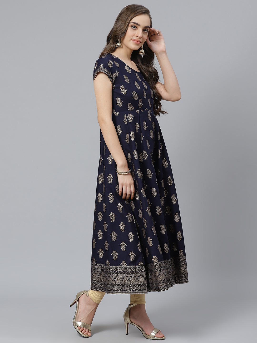 Women White Gold Print  Anarkali Kurta with Viscose Leggings & Net Dupatta WomensFashionFun.com