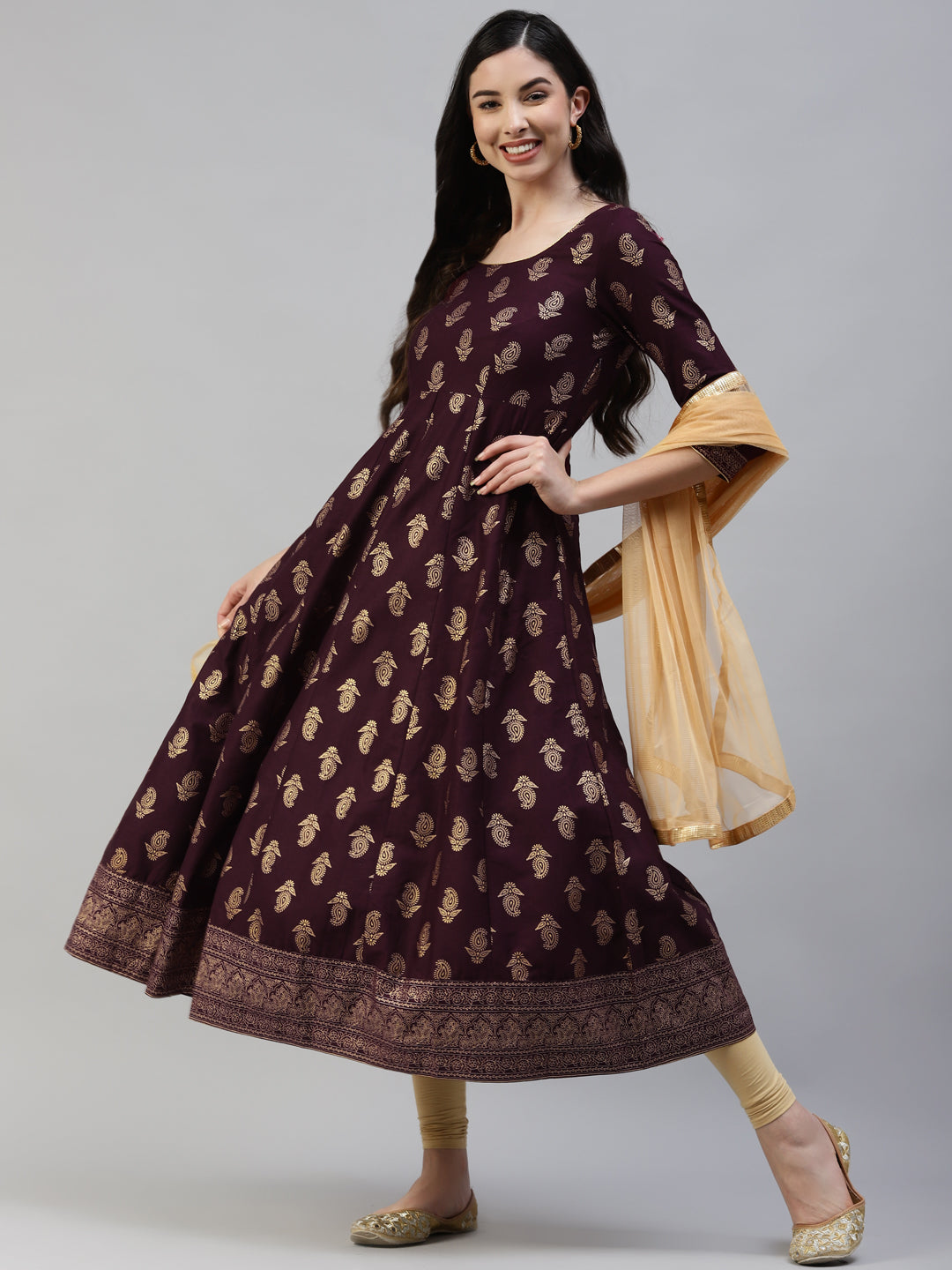 Women Purple Gold Print  Anarkali Kurta with Viscose Leggings & Net Dupatta WomensFashionFun.com