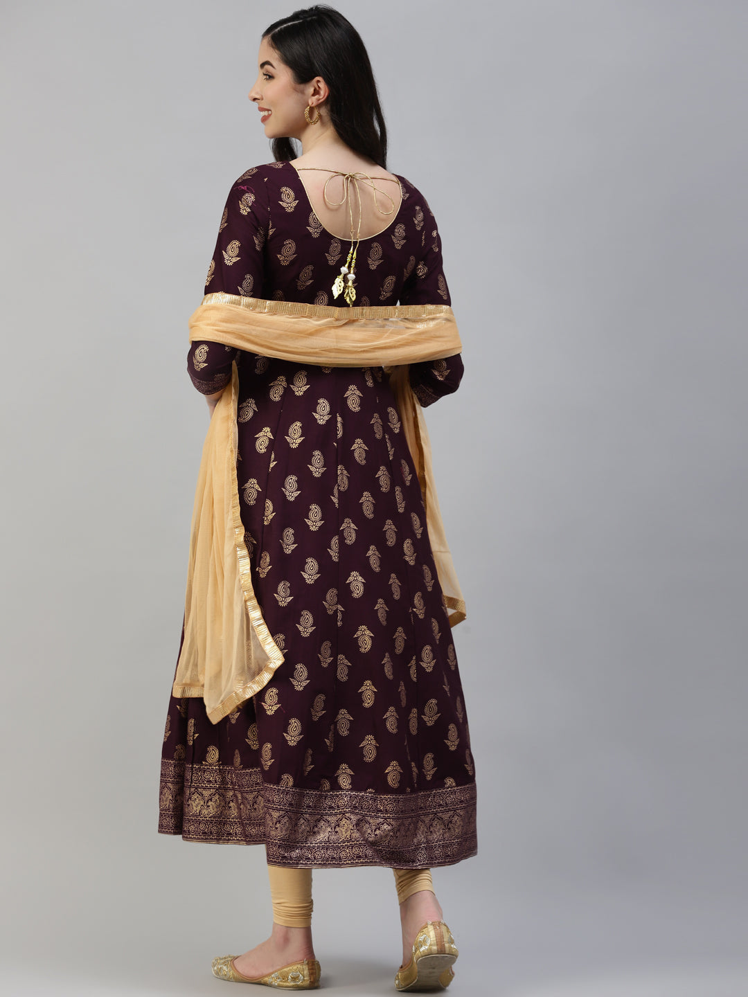 Women Purple Gold Print  Anarkali Kurta with Viscose Leggings & Net Dupatta WomensFashionFun.com