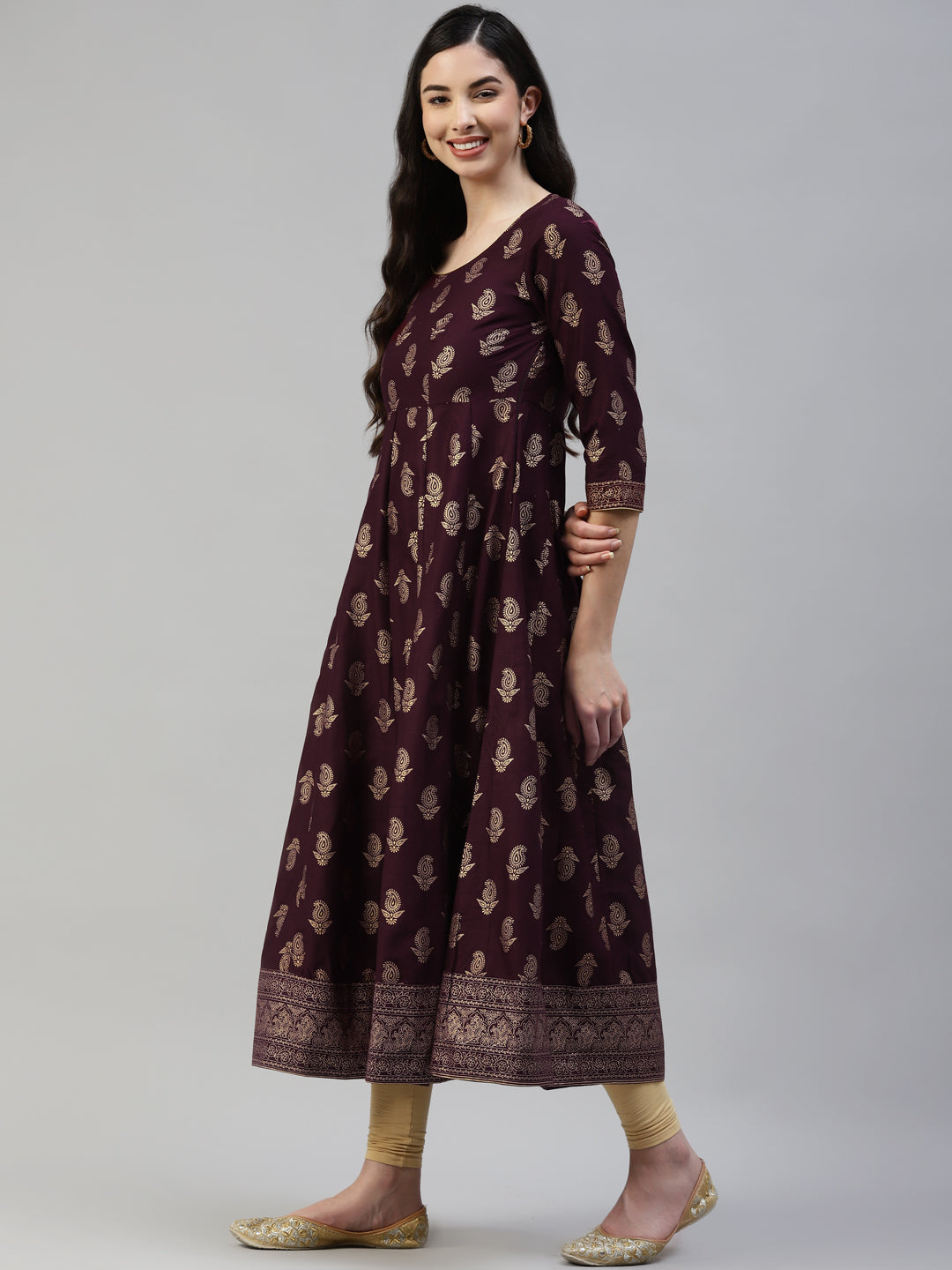 Women Purple Gold Print  Anarkali Kurta with Viscose Leggings & Net Dupatta WomensFashionFun.com