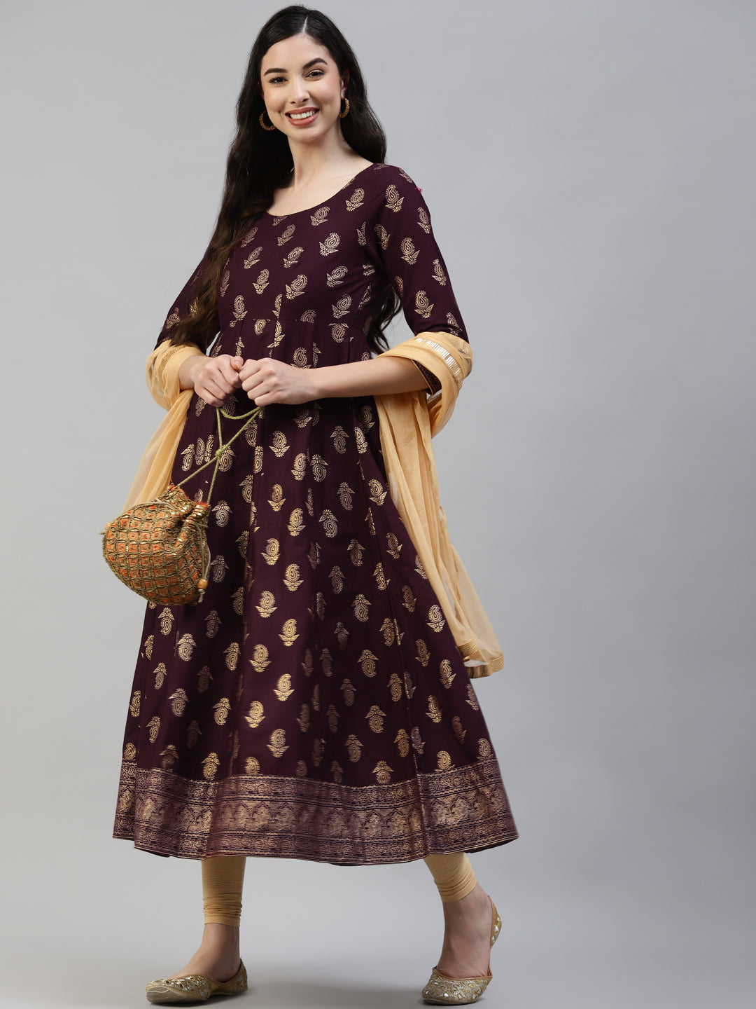 Women Purple Gold Print  Anarkali Kurta with Viscose Leggings & Net Dupatta WomensFashionFun.com