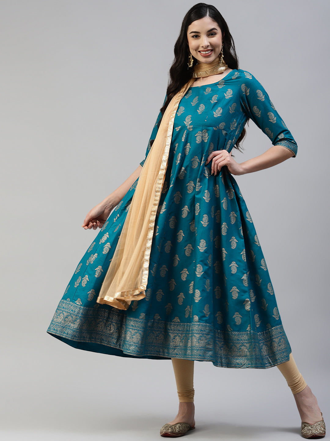 Women Turquoise Gold Print  Anarkali Kurta with Viscose Leggings & Net Dupatta WomensFashionFun.com