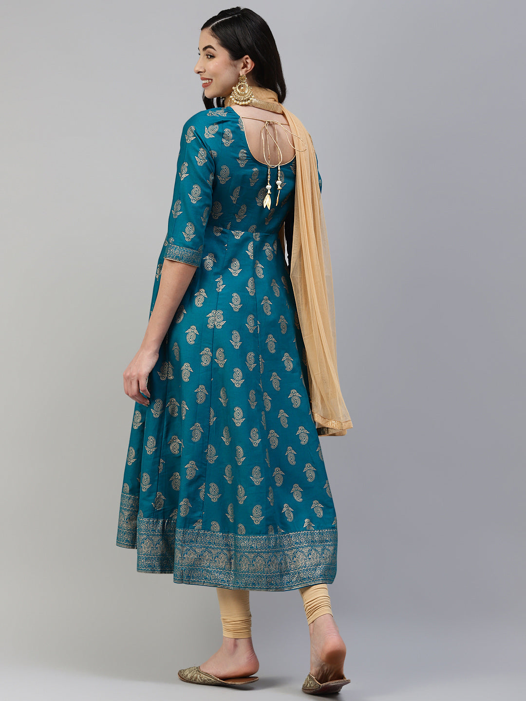 Women Turquoise Gold Print  Anarkali Kurta with Viscose Leggings & Net Dupatta WomensFashionFun.com