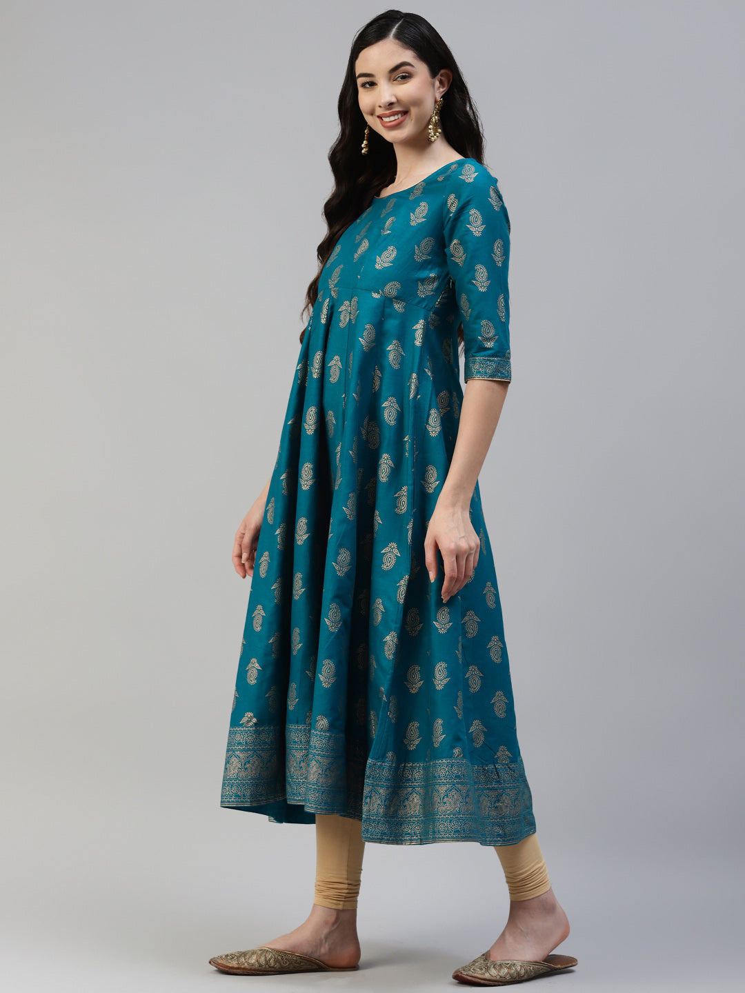 Women Turquoise Gold Print  Anarkali Kurta with Viscose Leggings & Net Dupatta WomensFashionFun.com