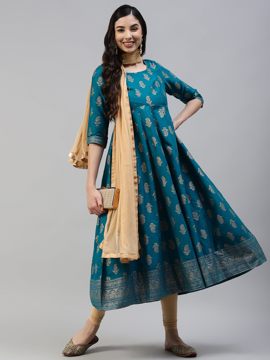 Women Turquoise Gold Print  Anarkali Kurta with Viscose Leggings & Net Dupatta WomensFashionFun.com