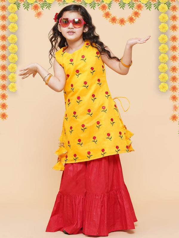 Girls Yellow Embroidered Kurta With Sharara | WomensFashionFun