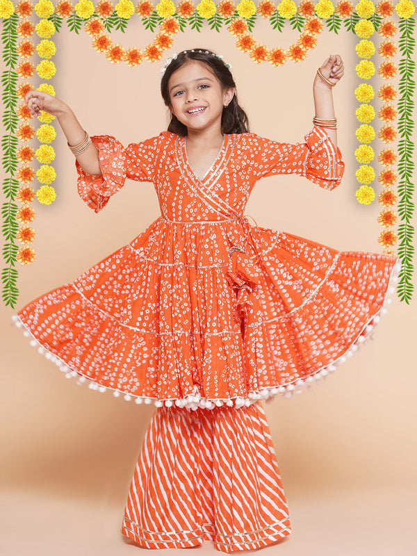 Girls Orange Bandhani Printed With Gotta Patti Lace Kurta With Sharara | WomensFashionFun