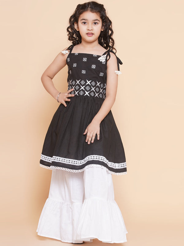 Girls Black Ethnic Motifs Embroidered Kurta With White Sharara | WomensFashionFun