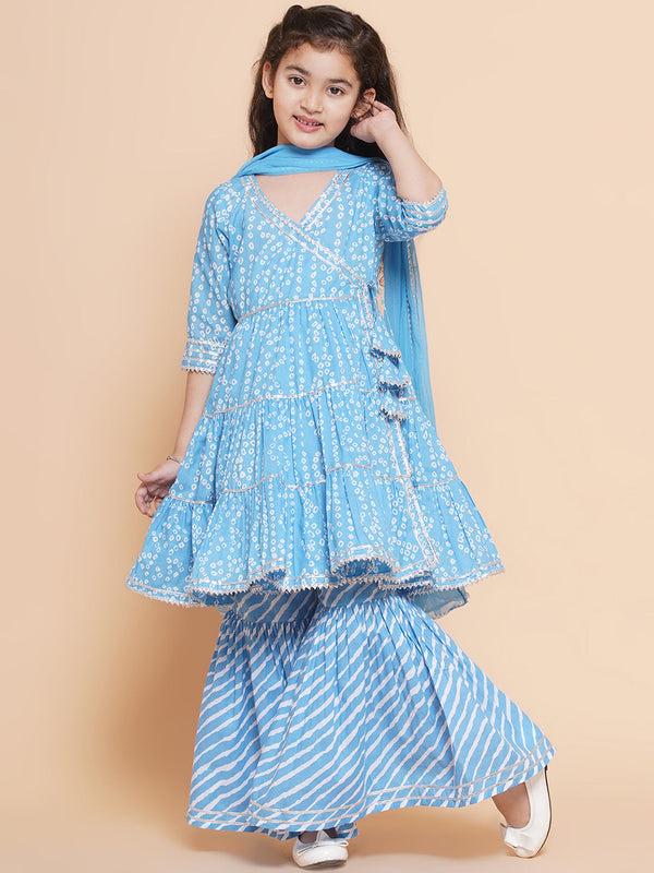 Girls Blue Bandhani  Printed Angrakha Gotta Patti Kurta With Sharara  With Dupatta | WomensFashionFun