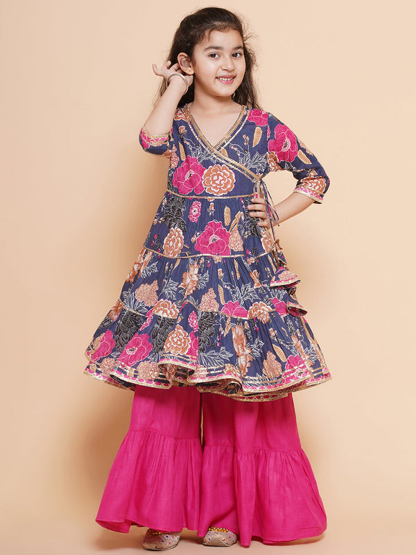 Girls Pink Floral Printed Angrakha Gotta Patti Kurta With Sharara | WomensFashionFun