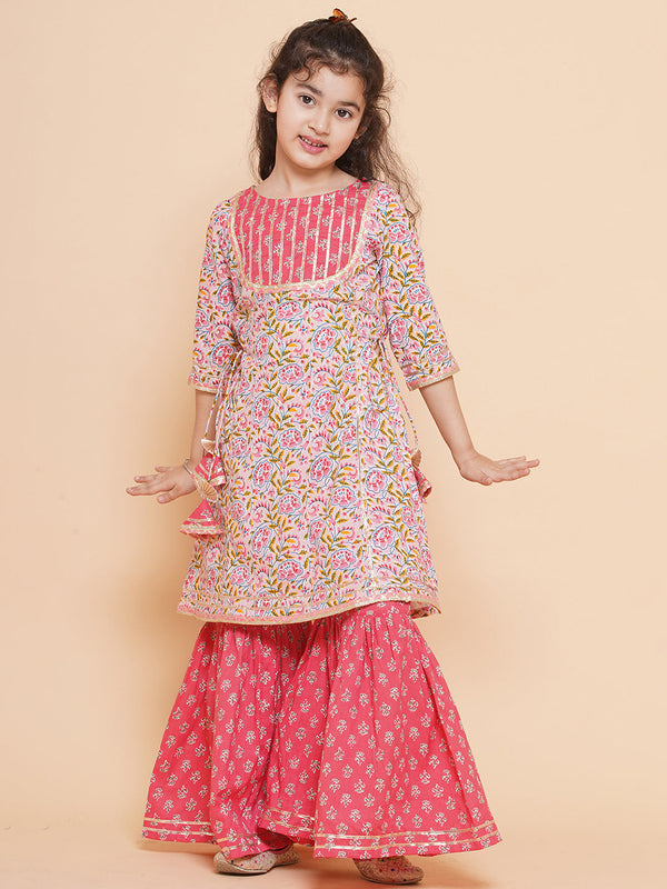 Girls  Floral Printed Cotton Kurta With Sharara | WomensFashionFun