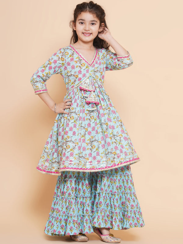 Girls Blue Printed V- Neck Kurta With Sharara | WomensFashionFun